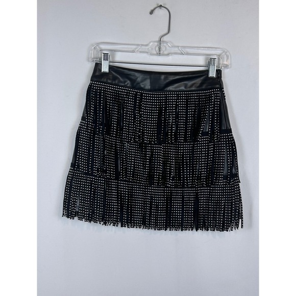 Blue B Dresses & Skirts - Faux Leather Studded Fringe Mini Skirt Black Western Rocker Festival Skirt